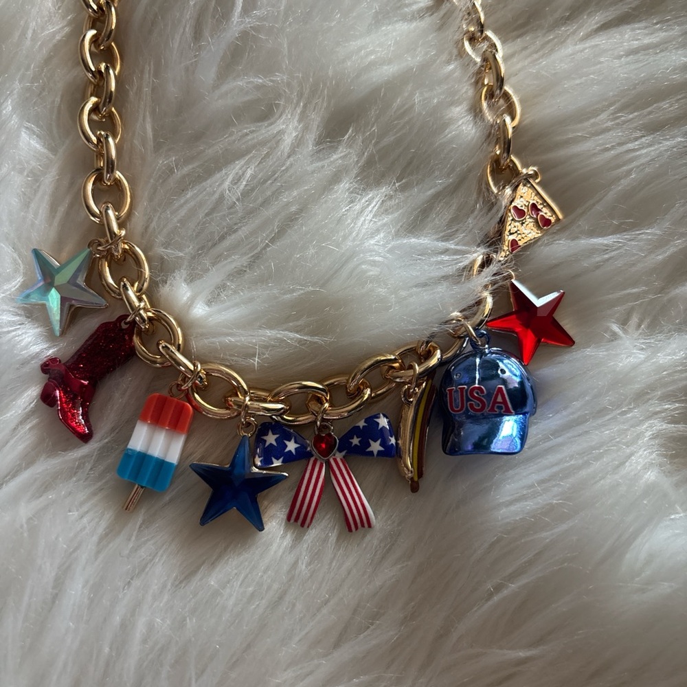 Betsey Johnson Gold Patriotic Charm Necklace with Red, White & Blue Charms
